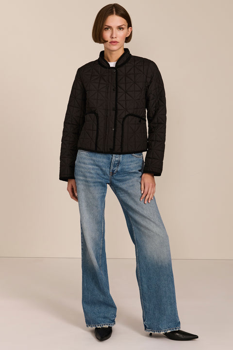 Women's Geometric Quilted Jacket with contrast binding, snap front and patch pockets.