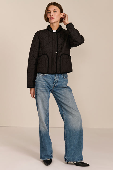Women's Geometric Quilted Jacket with contrast binding, snap front and patch pockets.