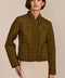Women's Geometric Quilted Jacket with contrast binding, snap front and patch pockets.