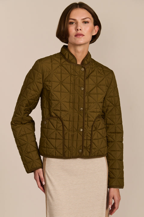 Women's Geometric Quilted Jacket with contrast binding, snap front and patch pockets.