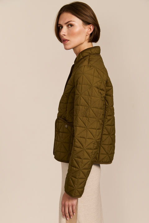 Women's Geometric Quilted Jacket with contrast binding, snap front and patch pockets.