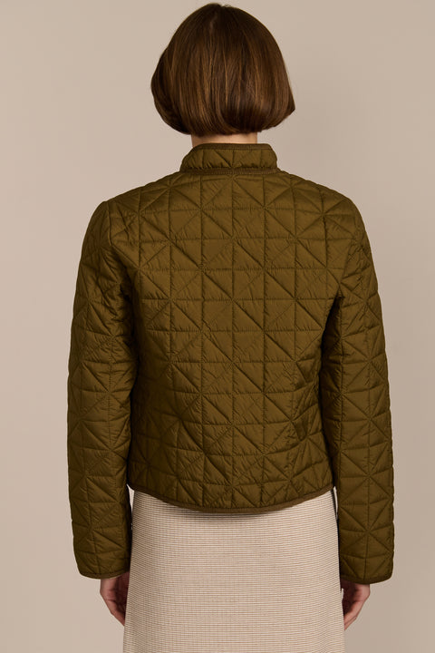 Women's Geometric Quilted Jacket with contrast binding, snap front and patch pockets.