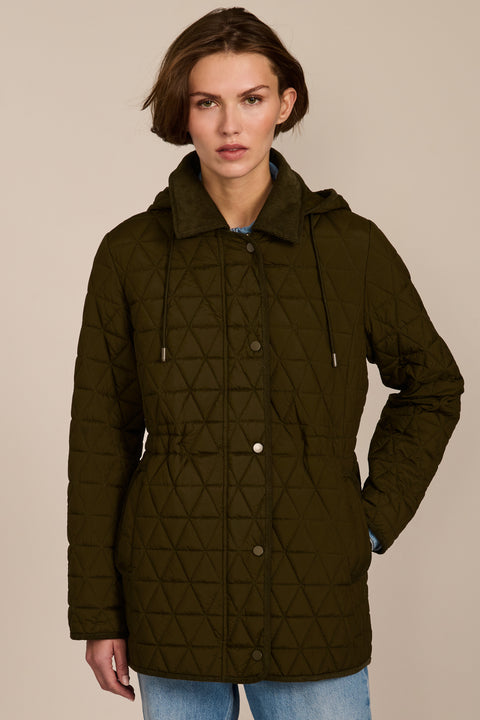 Women's diamond quilted jacket with adjustable drawcord waist and corduroy collar
