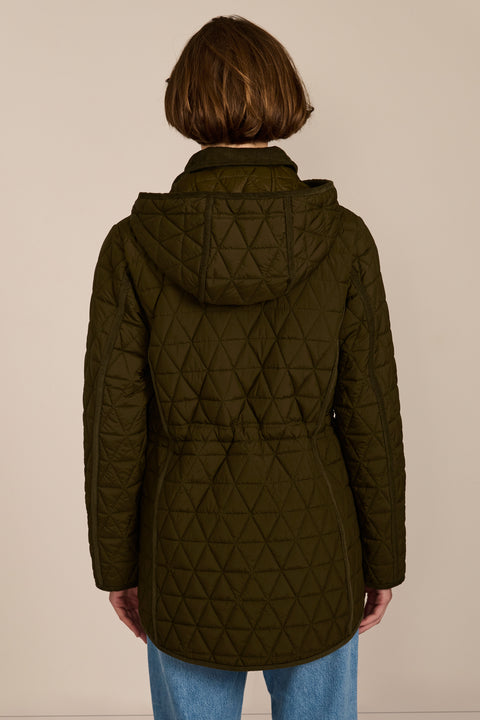 Women's diamond quilted jacket with adjustable drawcord waist and corduroy collar