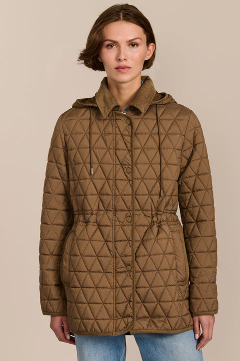 Women's diamond quilted jacket with adjustable drawcord waist and corduroy collar