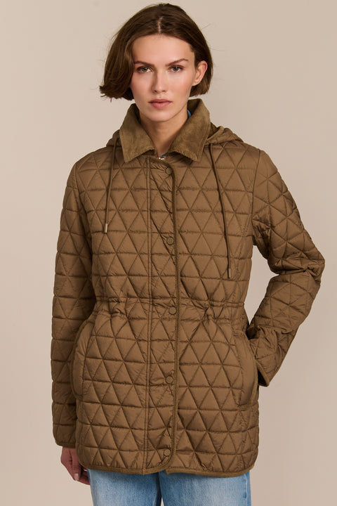 Women's diamond quilted jacket with adjustable drawcord waist and corduroy collar