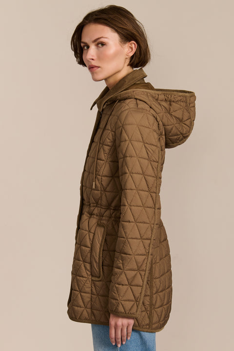 Women's diamond quilted jacket with adjustable drawcord waist and corduroy collar