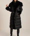 Full-length puffer coat with faux fur shawl collar, faux fur trim, self-tie belt and insulated design.