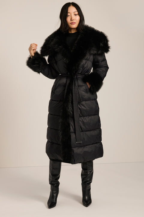 Full-length puffer coat with faux fur shawl collar, faux fur trim, self-tie belt and insulated design.