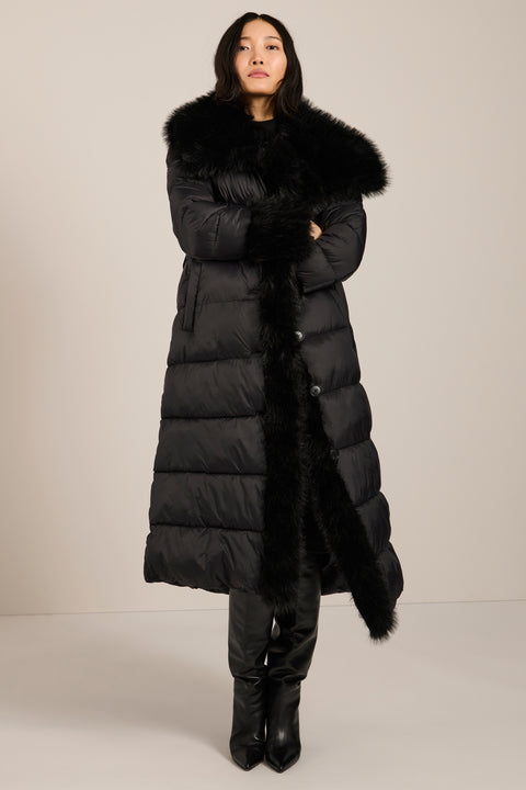 Full-length puffer coat with faux fur shawl collar, faux fur trim, self-tie belt and insulated design.