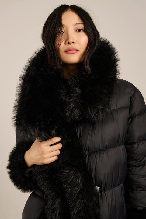 Full-length puffer coat with faux fur shawl collar, faux fur trim, self-tie belt and insulated design.