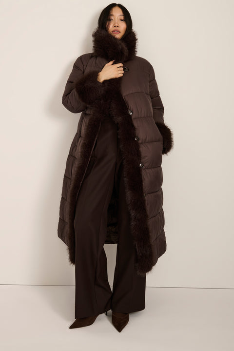 Full-length puffer coat with faux fur shawl collar, faux fur trim, self-tie belt and insulated design.