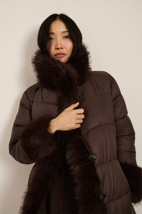 Full-length puffer coat with faux fur shawl collar, faux fur trim, self-tie belt and insulated design.