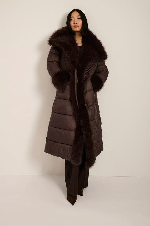 Full-length puffer coat with faux fur shawl collar, faux fur trim, self-tie belt and insulated design.
