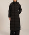 Long insulated puffer coat with removable hood, hidden placket, side zip vents and zippered pockets.