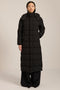 Long insulated puffer coat with removable hood, hidden placket, side zip vents and zippered pockets.