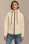 women's Quilted Puffer Jacket with geometric quilting, neoprene side panels, drawstring hood and contrast black zipper.