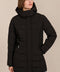 women's hooded puffer coat with horizontal quilting, flexible neoprene side panels, high collar and zip pockets.