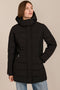 women's hooded puffer coat with horizontal quilting, flexible neoprene side panels, high collar and zip pockets.