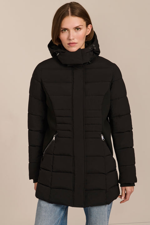 women's hooded puffer coat with horizontal quilting, flexible neoprene side panels, high collar and zip pockets.