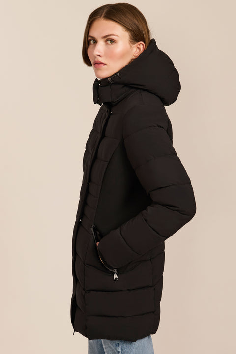 women's hooded puffer coat with horizontal quilting, flexible neoprene side panels, high collar and zip pockets.