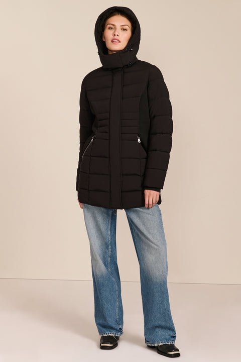 women's hooded puffer coat with horizontal quilting, flexible neoprene side panels, high collar and zip pockets.