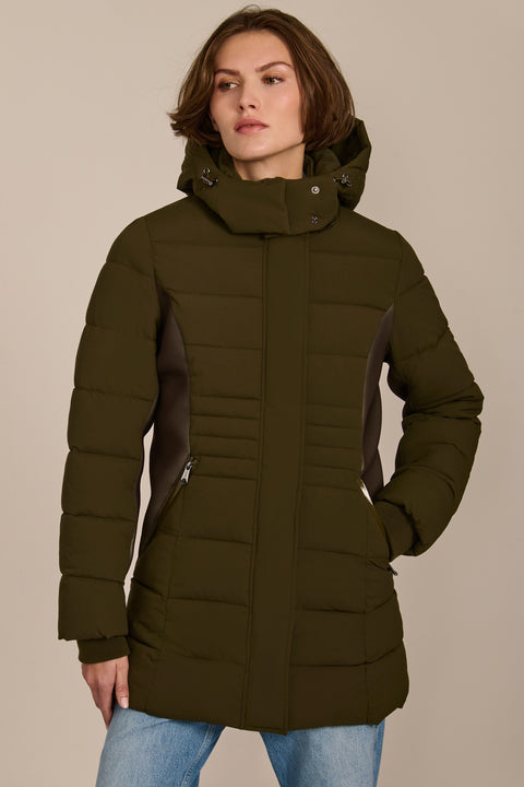women's hooded puffer coat with horizontal quilting, flexible neoprene side panels, high collar and zip pockets.