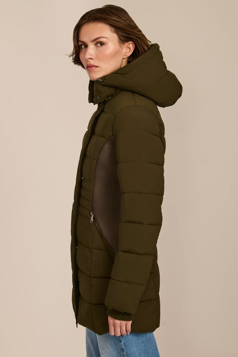 women's hooded puffer coat with horizontal quilting, flexible neoprene side panels, high collar and zip pockets.