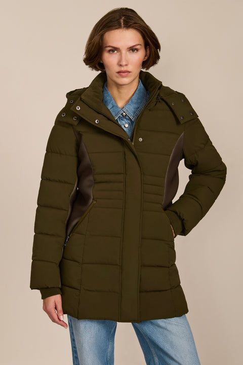 women's hooded puffer coat with horizontal quilting, flexible neoprene side panels, high collar and zip pockets.
