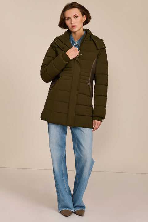 women's hooded puffer coat with horizontal quilting, flexible neoprene side panels, high collar and zip pockets.