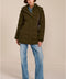 women's hooded puffer coat with horizontal quilting, flexible neoprene side panels, high collar and zip pockets.