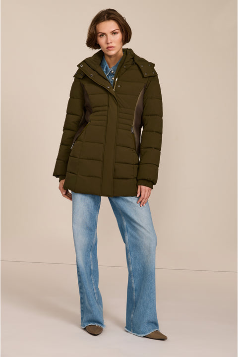 women's hooded puffer coat with horizontal quilting, flexible neoprene side panels, high collar and zip pockets.