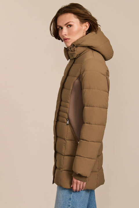 women's hooded puffer coat with horizontal quilting, flexible neoprene side panels, high collar and zip pockets.