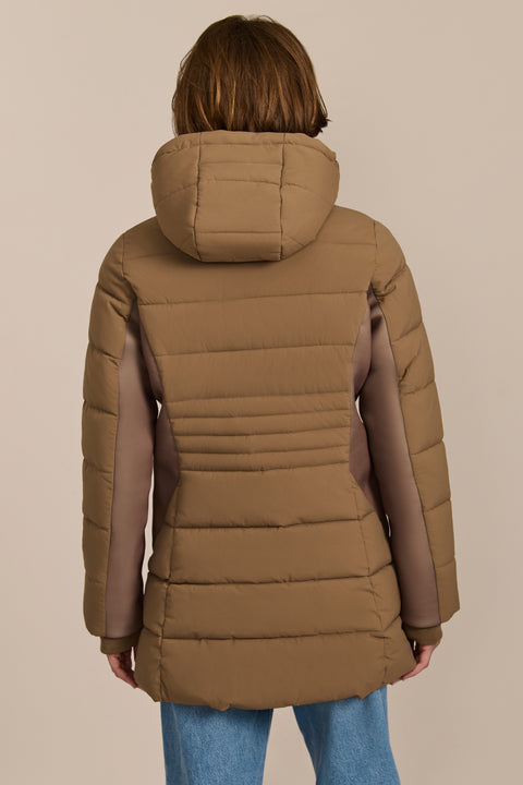 women's hooded puffer coat with horizontal quilting, flexible neoprene side panels, high collar and zip pockets.