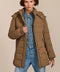 women's hooded puffer coat with horizontal quilting, flexible neoprene side panels, high collar and zip pockets.