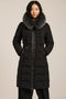 Mid-length hooded puffer coat with faux fur trim, faux leather trim, zip pockets and elastic back waist.
