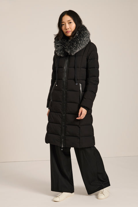 Mid-length hooded puffer coat with faux fur trim, faux leather trim, zip pockets and elastic back waist.