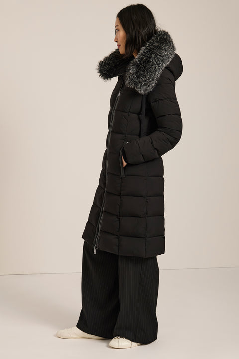 Mid-length hooded puffer coat with faux fur trim, faux leather trim, zip pockets and elastic back waist.