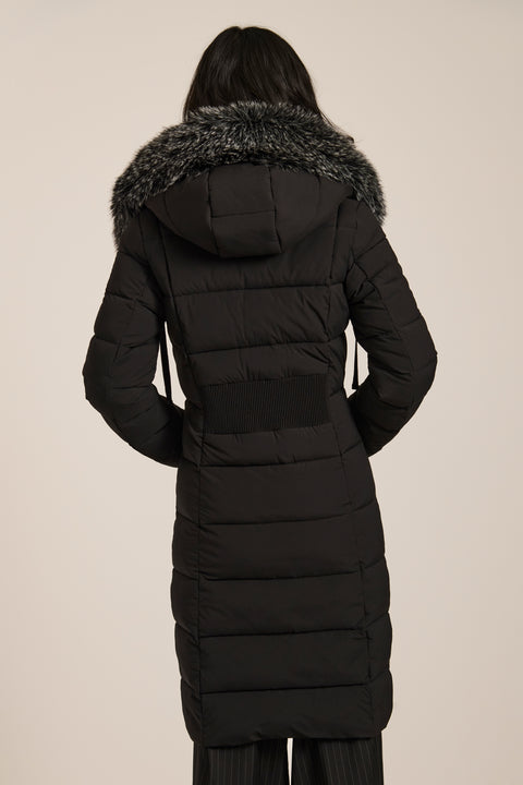 Mid-length hooded puffer coat with faux fur trim, faux leather trim, zip pockets and elastic back waist.