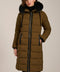 Mid-length hooded puffer coat with faux fur trim, faux leather trim, zip pockets and elastic back waist.