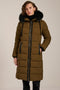 Mid-length hooded puffer coat with faux fur trim, faux leather trim, zip pockets and elastic back waist.