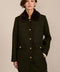 women's wool coat featuring a removable faux fur collar, gold-tone button-front closure and flap pockets.