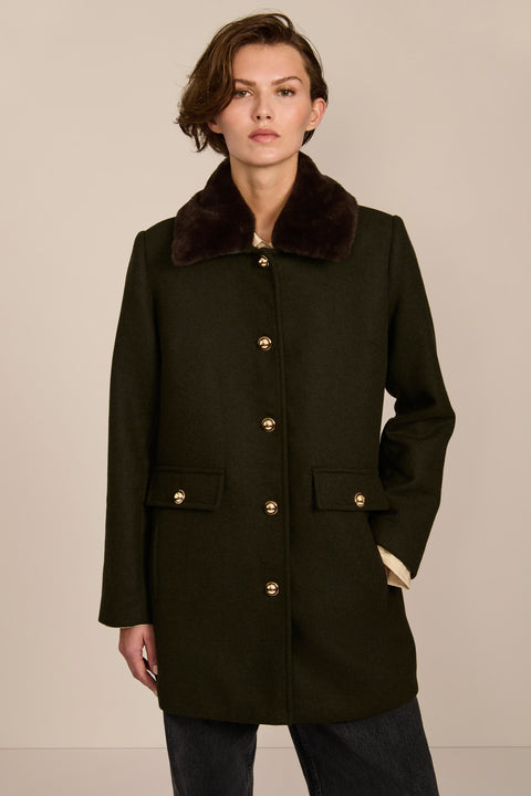women's wool coat featuring a removable faux fur collar, gold-tone button-front closure and flap pockets.