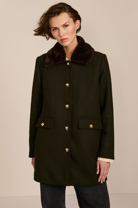 women's wool coat featuring a removable faux fur collar, gold-tone button-front closure and flap pockets.