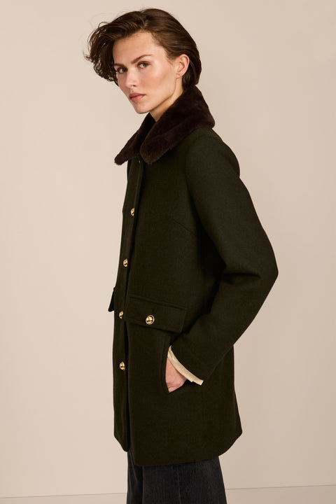 women's wool coat featuring a removable faux fur collar, gold-tone button-front closure and flap pockets.