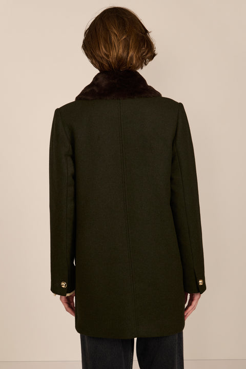 women's wool coat featuring a removable faux fur collar, gold-tone button-front closure and flap pockets.