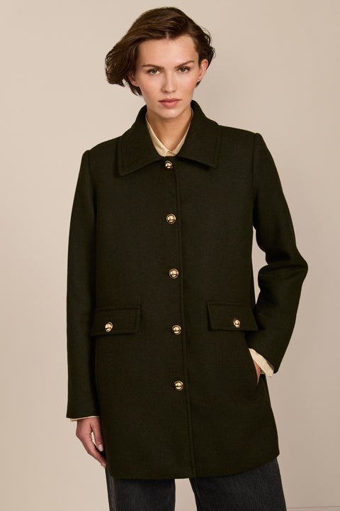 women's wool coat featuring a removable faux fur collar, gold-tone button-front closure and flap pockets.