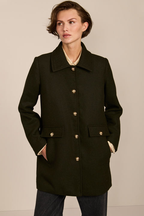 women's wool coat featuring a removable faux fur collar, gold-tone button-front closure and flap pockets.