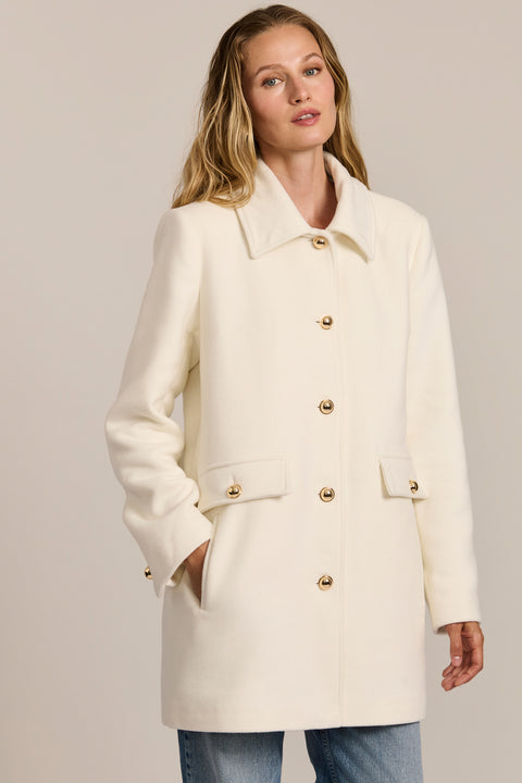 women's wool coat featuring a removable faux fur collar, gold-tone button-front closure and flap pockets.
