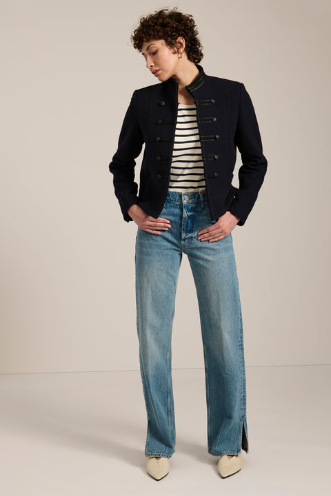 Military-inspired jacket with stand collar, tonal hook closures, angled welt pockets and tailored silhouette.